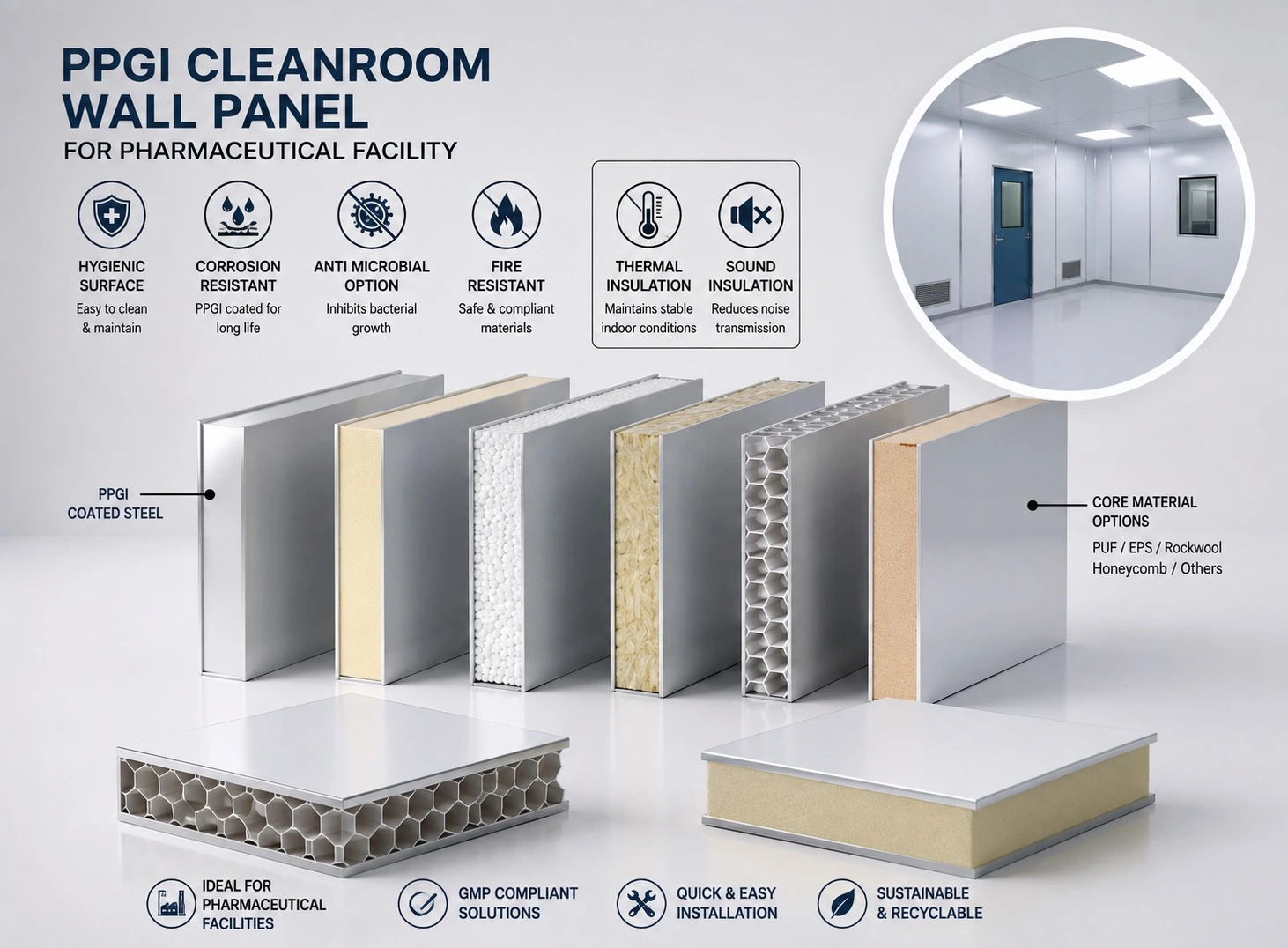 PPGI cleanroom wall panel for pharmaceutical facility