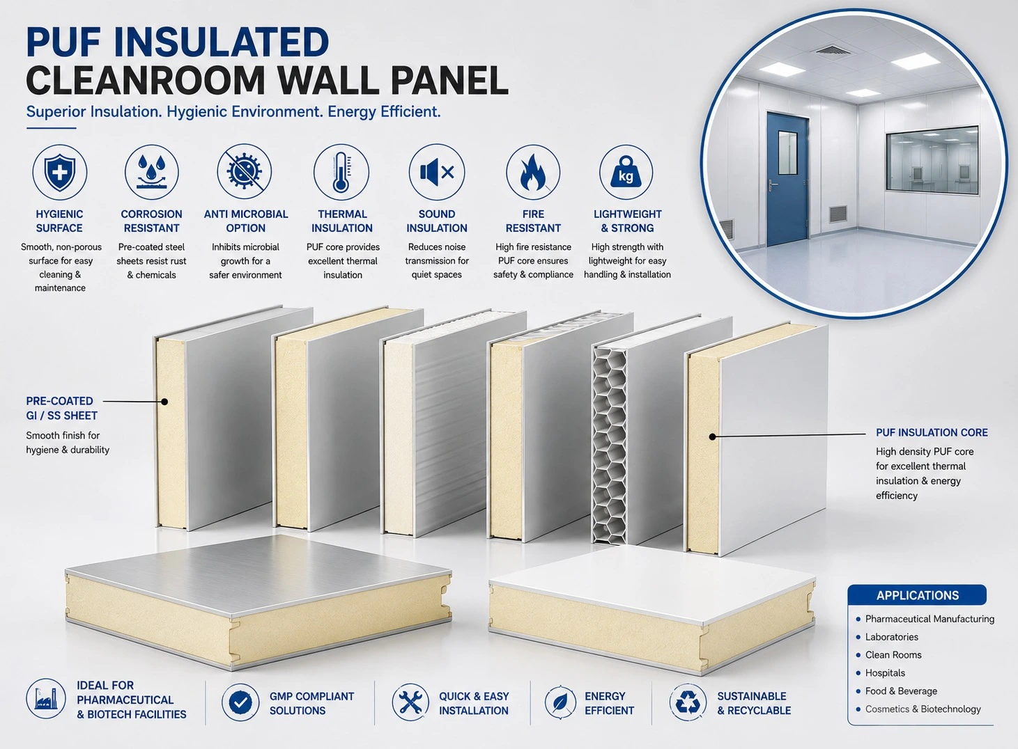 PUF insulated cleanroom wall panel