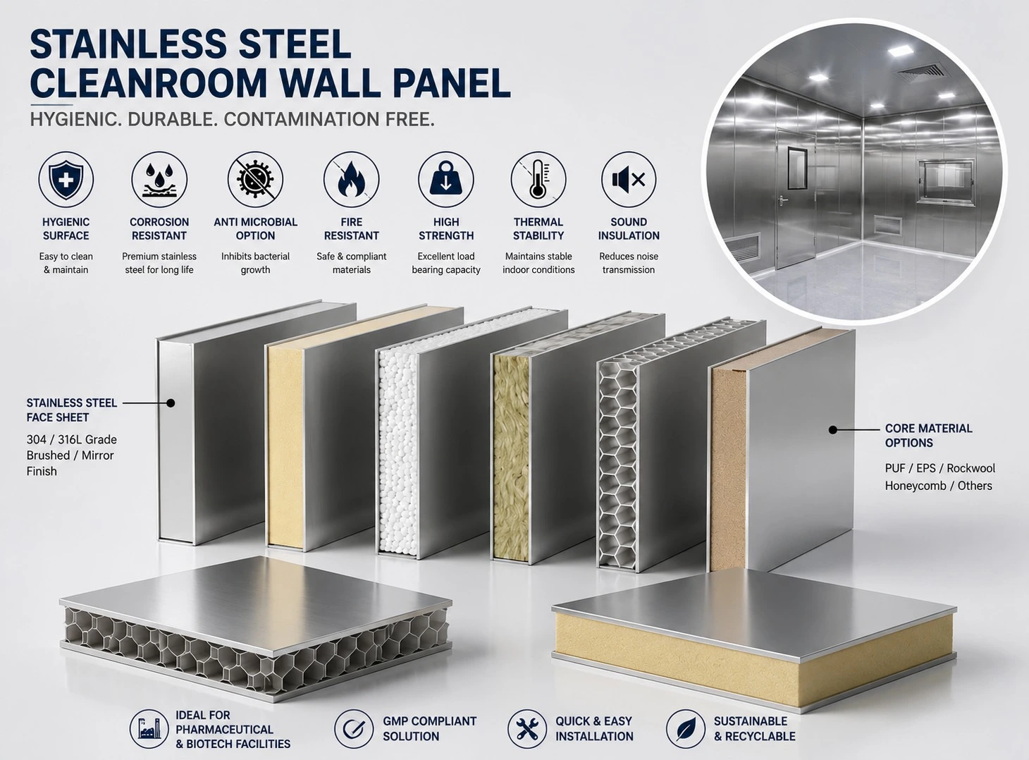 Stainless steel cleanroom wall panel